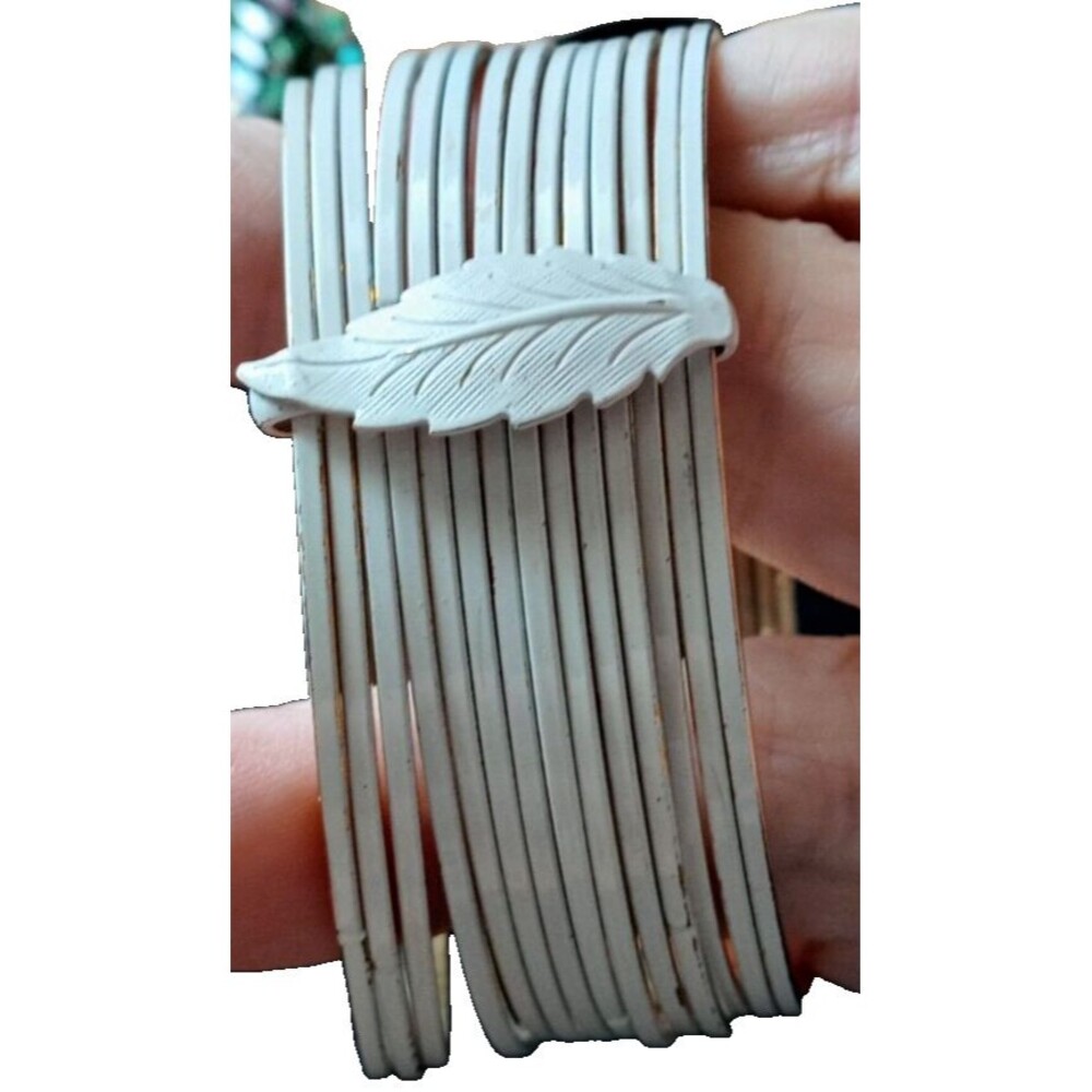Layered 14 Bangles Bracelet White Held by Leaf Women's Bohemian Beachy Unique